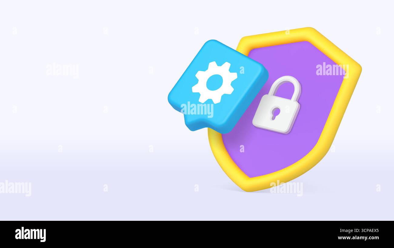 Bright 3D shield icon with lock and gear symbolizes digital security, user privacy, and system customization functions. Ideal for web and tech interfa Stock Vector
