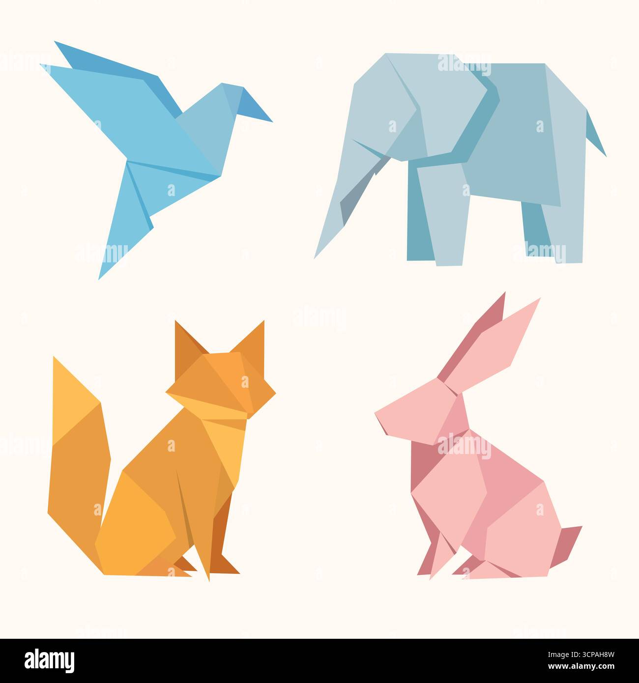 Charming origami animal collection for playful design projects, featuring a bird, elephant, fox, and rabbit in a modern, geometric style.Origami conce Stock Vector