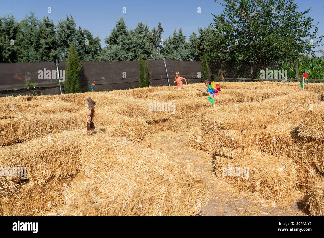 Children navigating through a fun hay bale maze on a sunny day Stock Photo