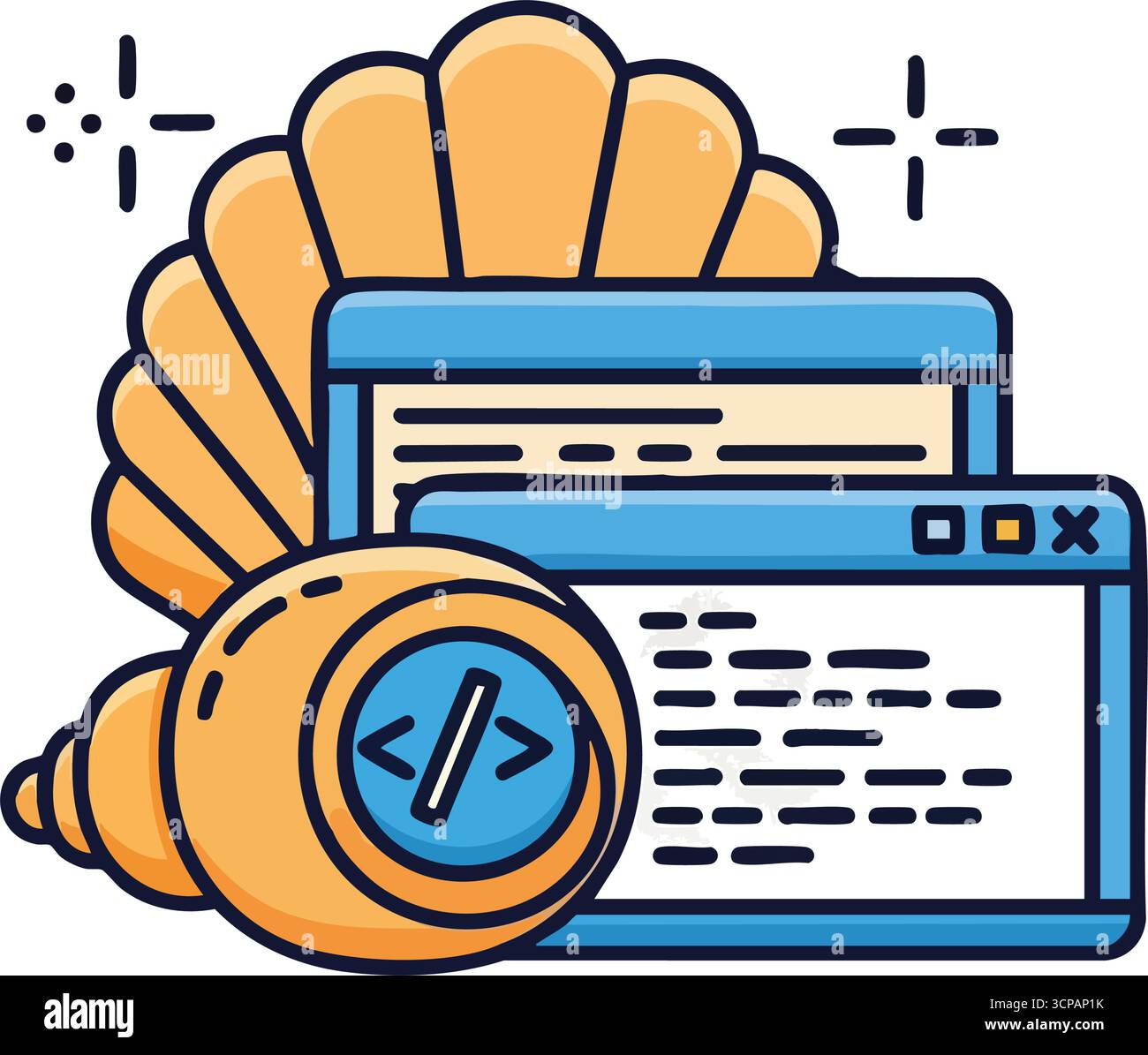 Command Line Development Icon. This vibrant digital illustration shows a seashell encapsulating code symbols beside windows with programming content. Stock Vector