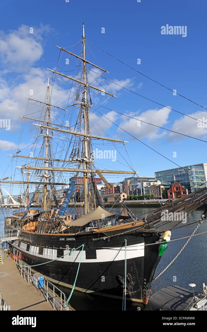 The Jeanie Johnston moored on the north bank of the River Liffey in Dublin, Ireland. The tall ship is a full-scale replica of the nineteenth-century Stock Photo