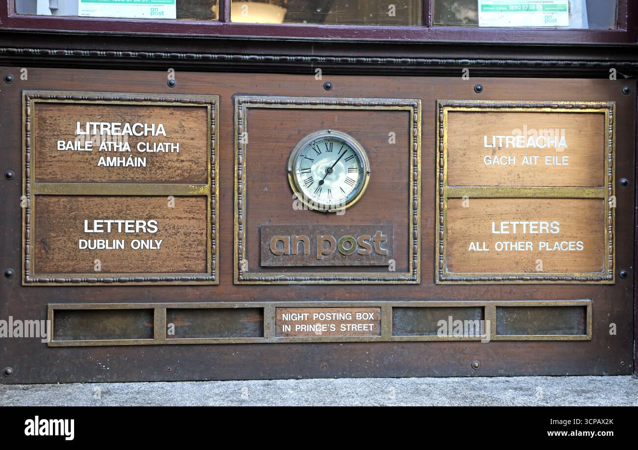 Detail of historic An Post letter boxes inside the General Post Office on O’Connell Street, a key site of the 1916 Easter Rising and a landmark Stock Photo