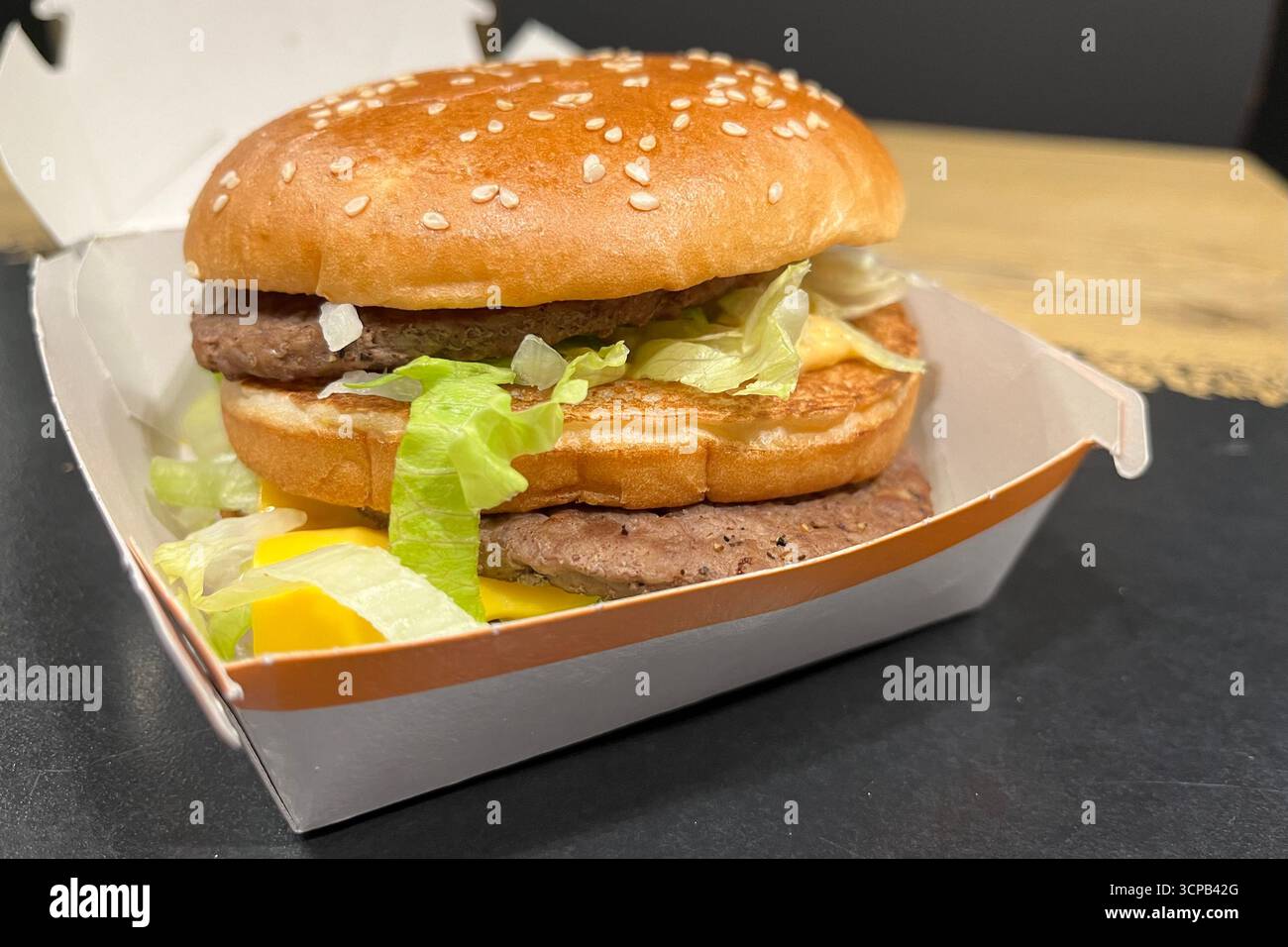 McDonalds Big Mac Burger in box. 17th March 2025. - Smartphone Captured Stock Image