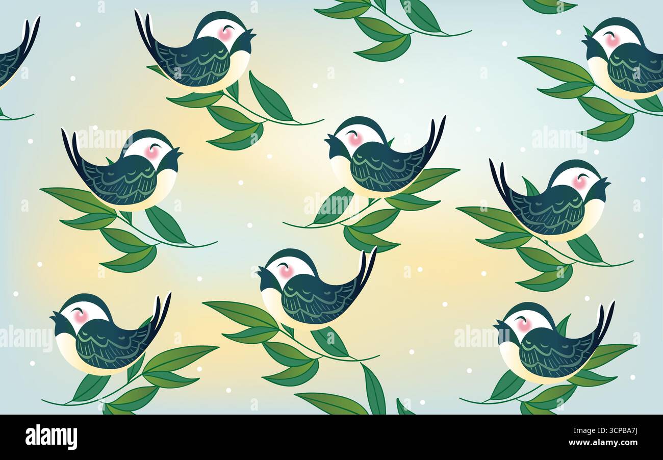 Singing Birds on Branches Illustration, cheerful birds perched on leafy branches, joyfully singing in harmony Stock Vector