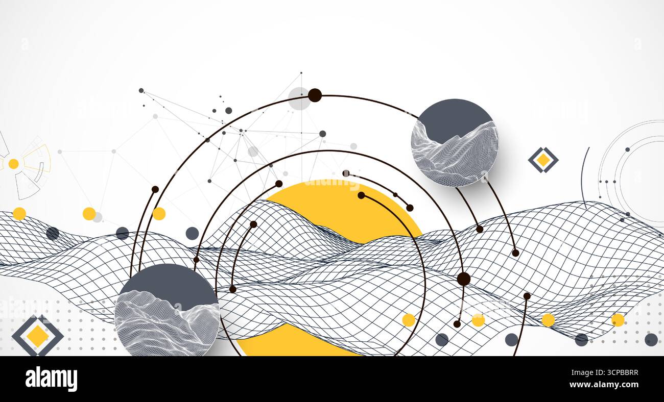 Abstract composition with wireframe wave, dots, and lines. Vector. Stock Vector
