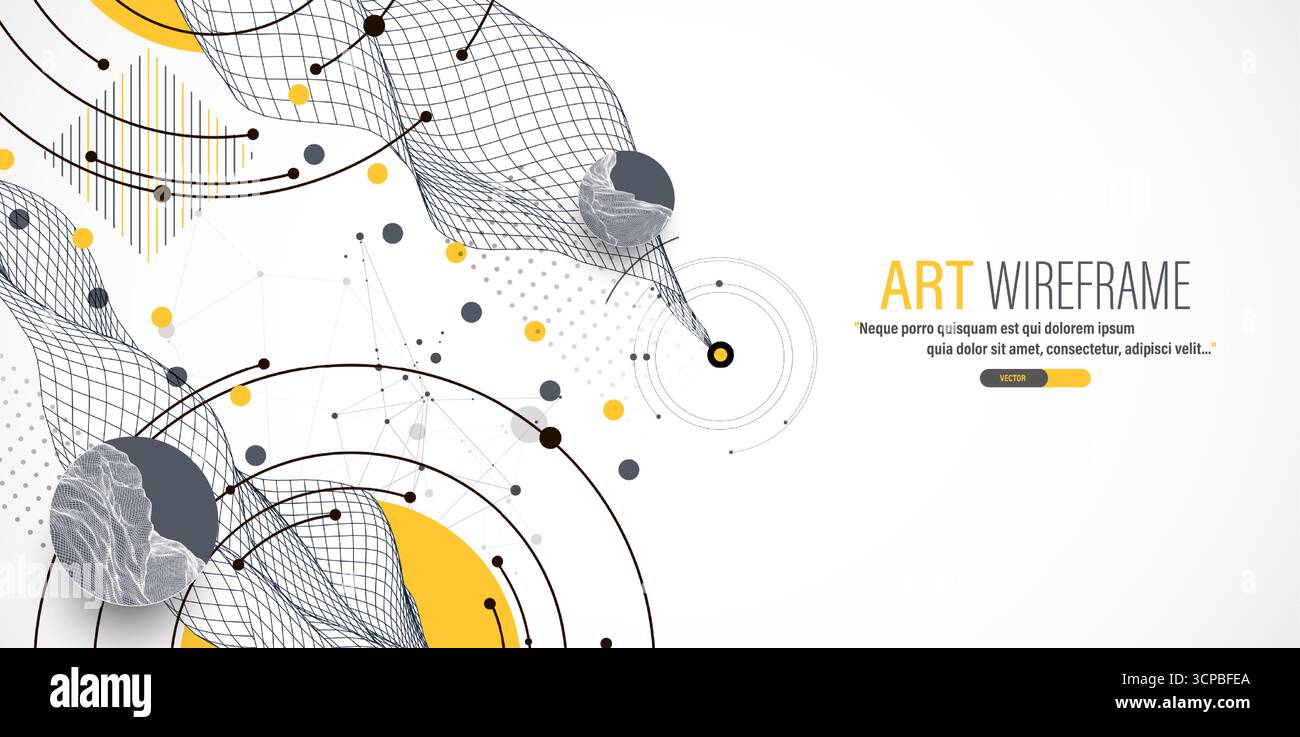 Abstract composition with wireframe wave, dots, and lines. Vector. Stock Vector