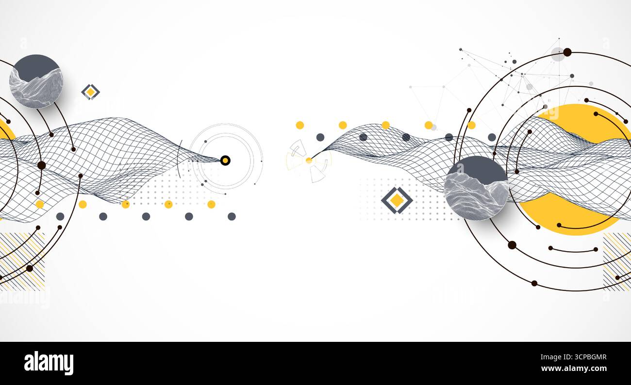 Abstract composition with wireframe wave, dots, and lines. Vector. Stock Vector