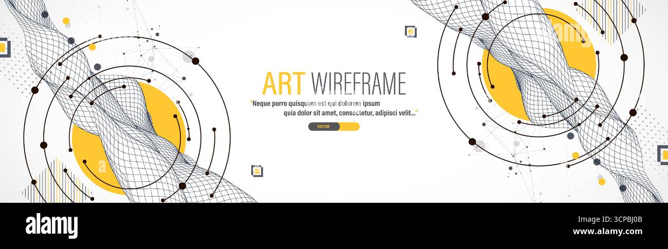Abstract composition with wireframe wave, dots, and lines. Vector. Stock Vector