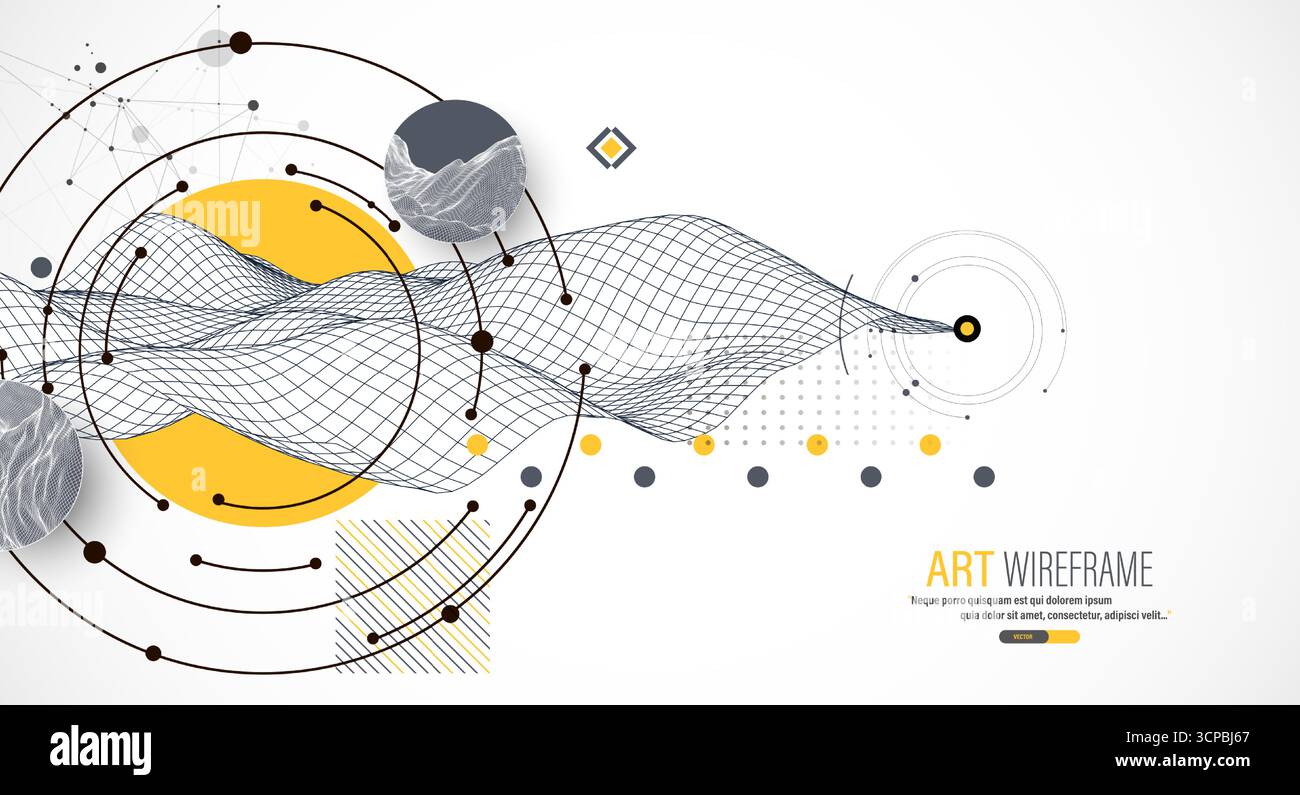 Abstract composition with wireframe wave, dots, and lines. Vector. Stock Vector