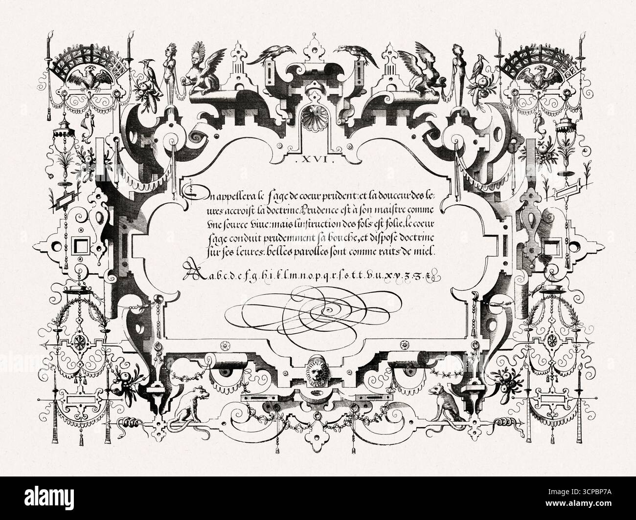 Renaissance calligraphy with ornate frame and decorative details ...