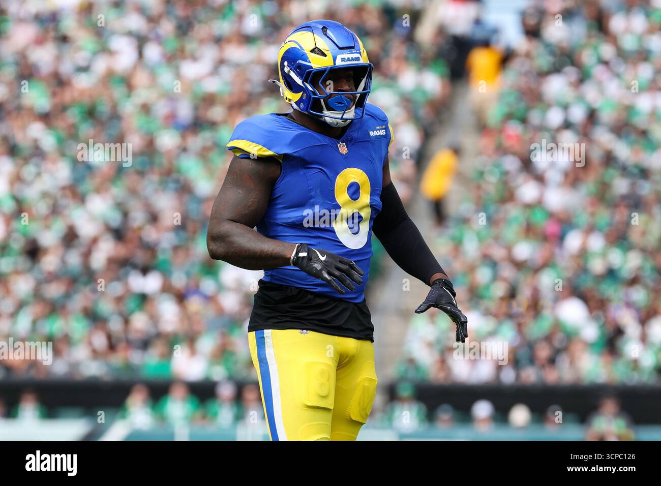 Los Angeles Rams linebacker Jared Verse (8) looks on between plays ...
