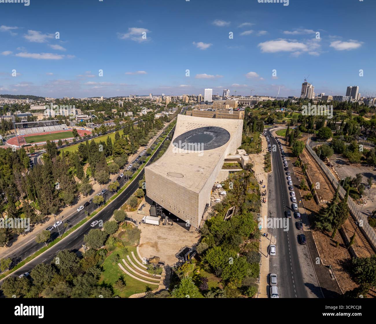 Aerial view of the Israel National Library's modern architecture with ...