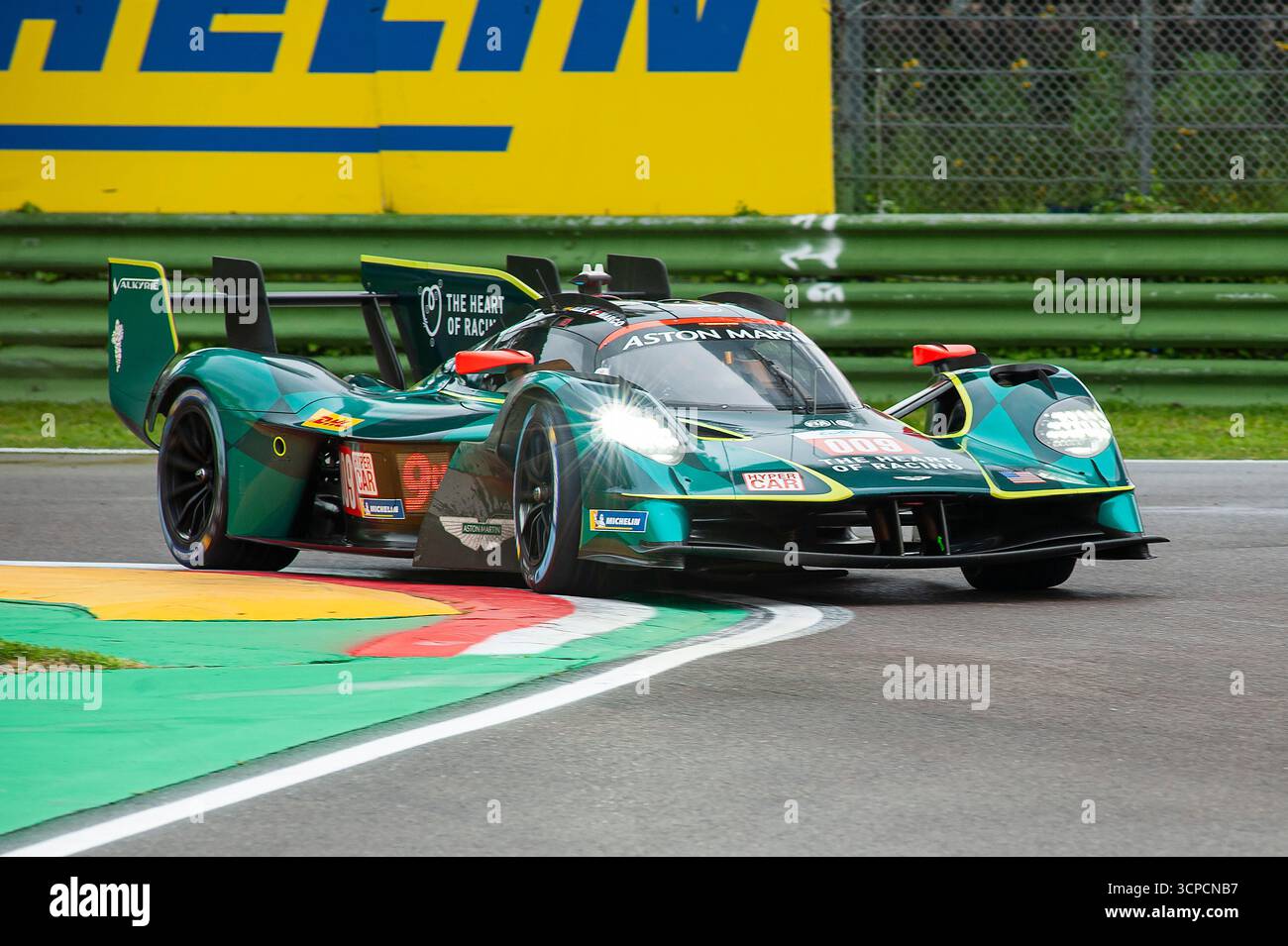 Fia World endurance championship Imola, free practice friday 2025-04-18  Aston Martin hypercar at the high variant curve. Stock Photo