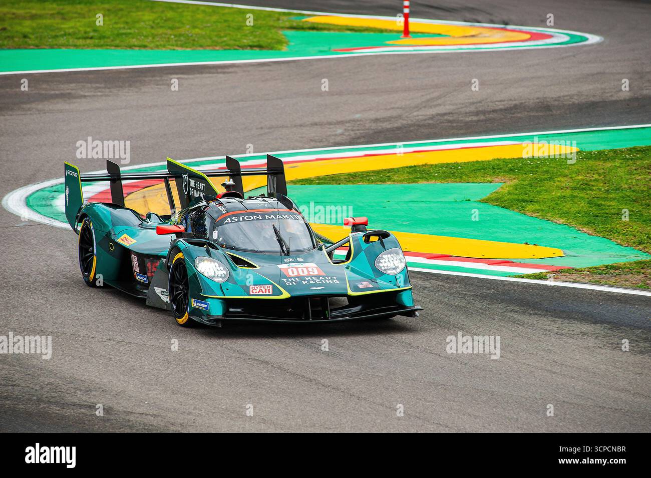 Fia World endurance championship Imola, free practice friday 2025-04-18  Aston Martin hypercar at the high variant curve. Stock Photo