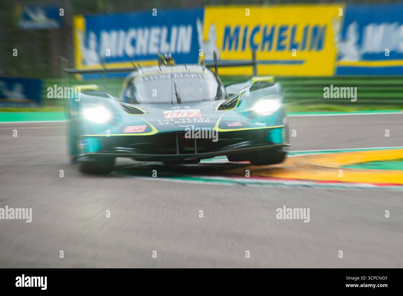 Fia World endurance championship Imola, free practice friday 2025-04-18  Aston Martin hypercar at the high variant curve. Stock Photo