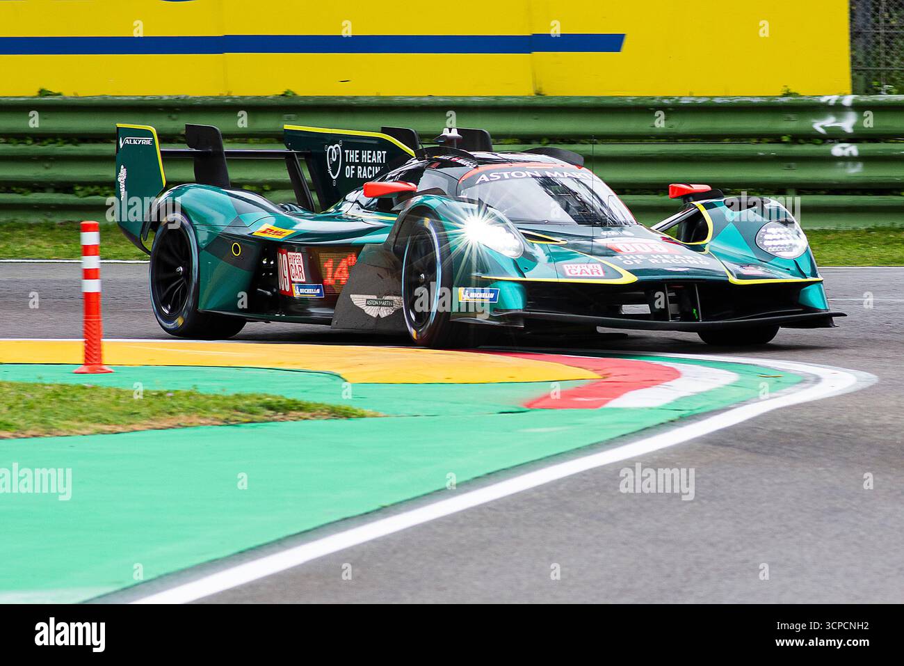 Fia World endurance championship Imola, free practice friday 2025-04-18  Aston Martin hypercar at the high variant curve. Stock Photo