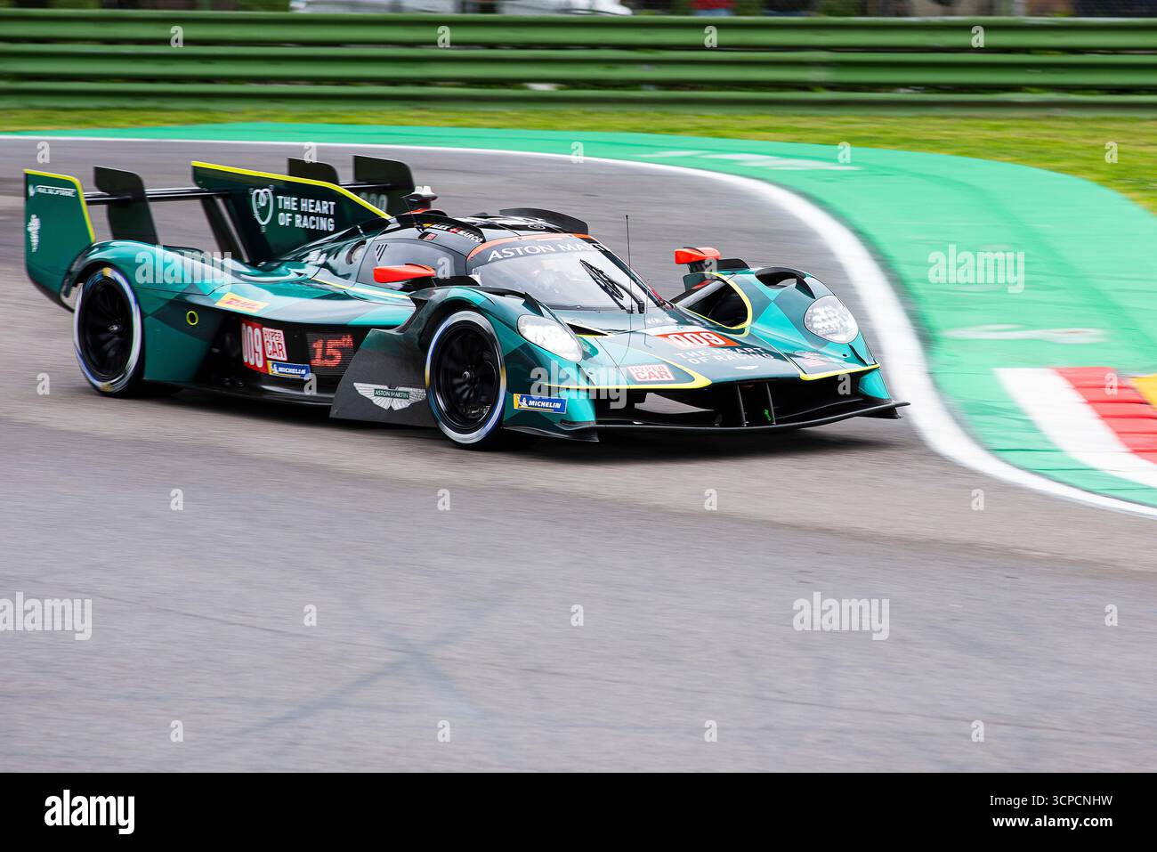 Fia World endurance championship Imola, free practice friday 2025-04-18  Aston Martin hypercar at the high variant curve. Stock Photo
