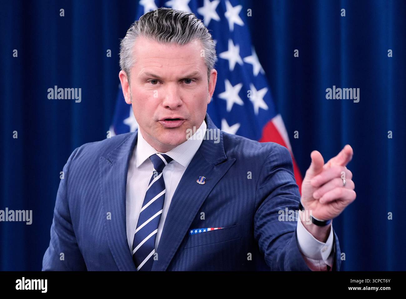Defense Secretary Pete Hegseth speaks during a news conference at the