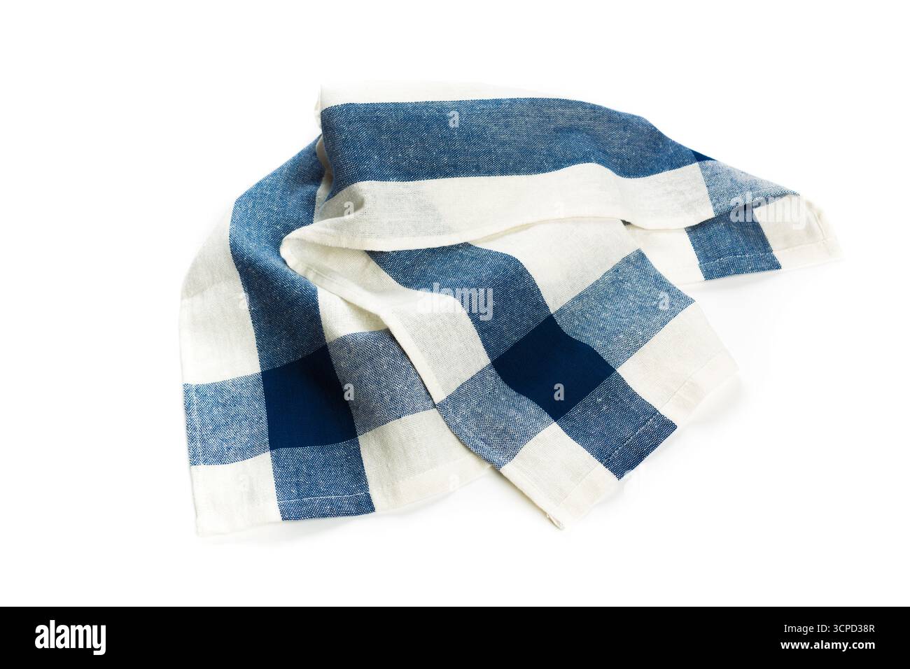 Linen cloth with blue and white checkered pattern draped casually on a surface Stock Photo