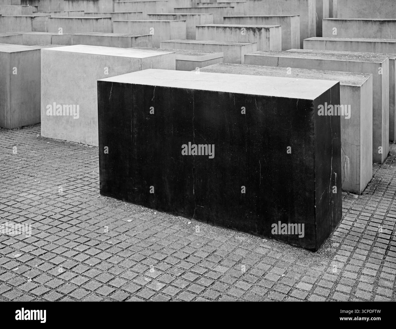 BERLIN, GERMANY - NOVEMBER 10, 2024: One white and one black block (stelae)  stand out amidst all of the other gray blocks of the Memorial to the Murd Stock Photo