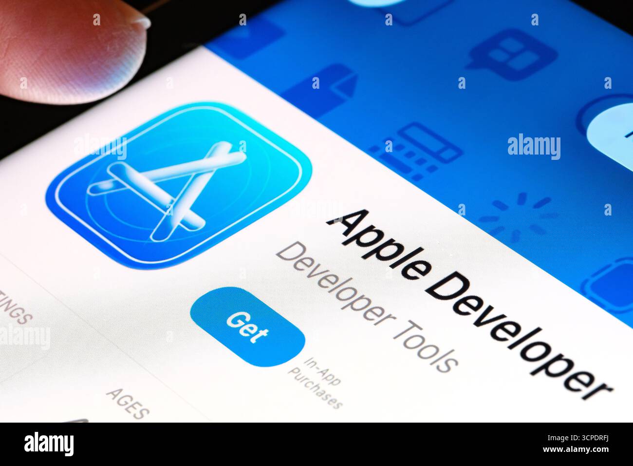Apple Developer on iPad with Apples new Liquid Glass updated app design iOS 26 developer resources listing in App Store. Stafford, United Kingdom, Sep Stock Photo