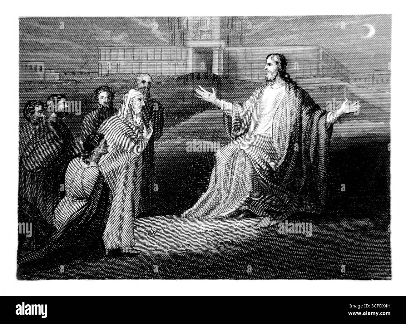 19th Century (1851) Engraving of Jesus Christ with Herod's Temple behind Predicting the Destruction of Jerusalem recounting it to Disciples Stock Photo