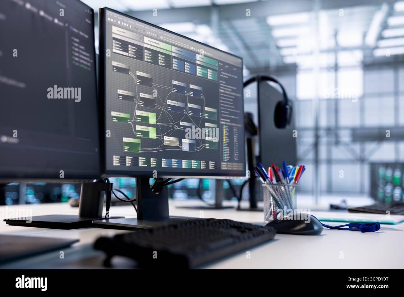 Computers in data center providing computing resources needed for artificial intelligence to process massive datasets for training. PCs in server room storing data used for machine learning Stock Photo