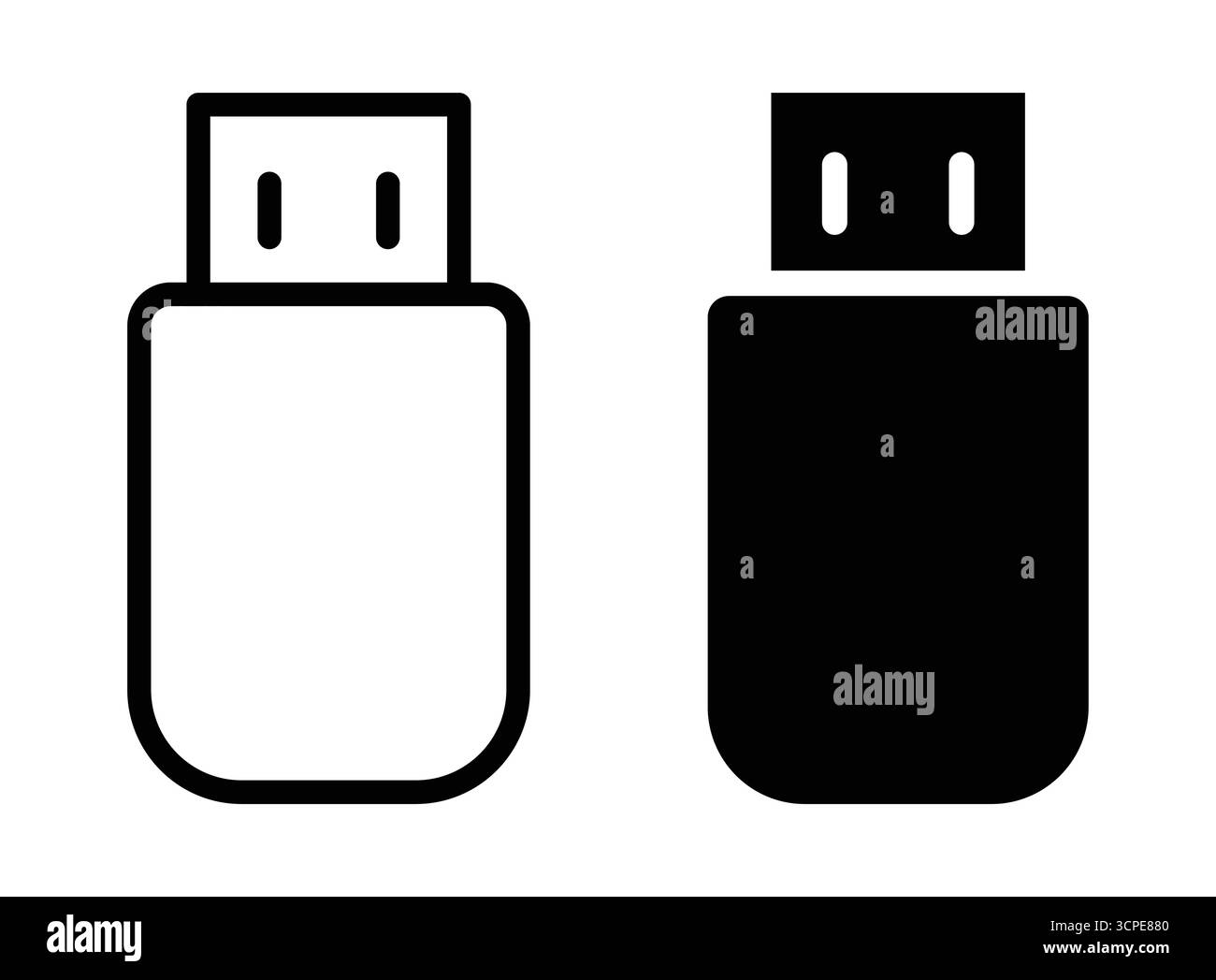 A pair of minimalist USB flash drive icons in black and white, ideal for digital projects, software designs, and technology-related graphics. Stock Vector