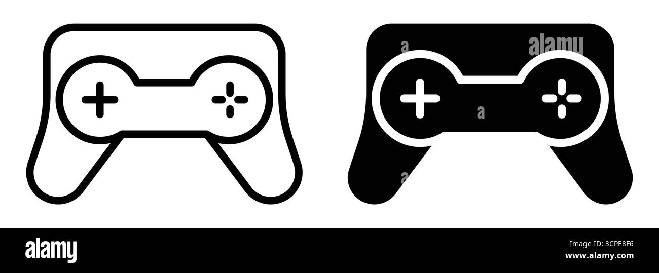 This image features a minimalistic black and white game controller icon ...