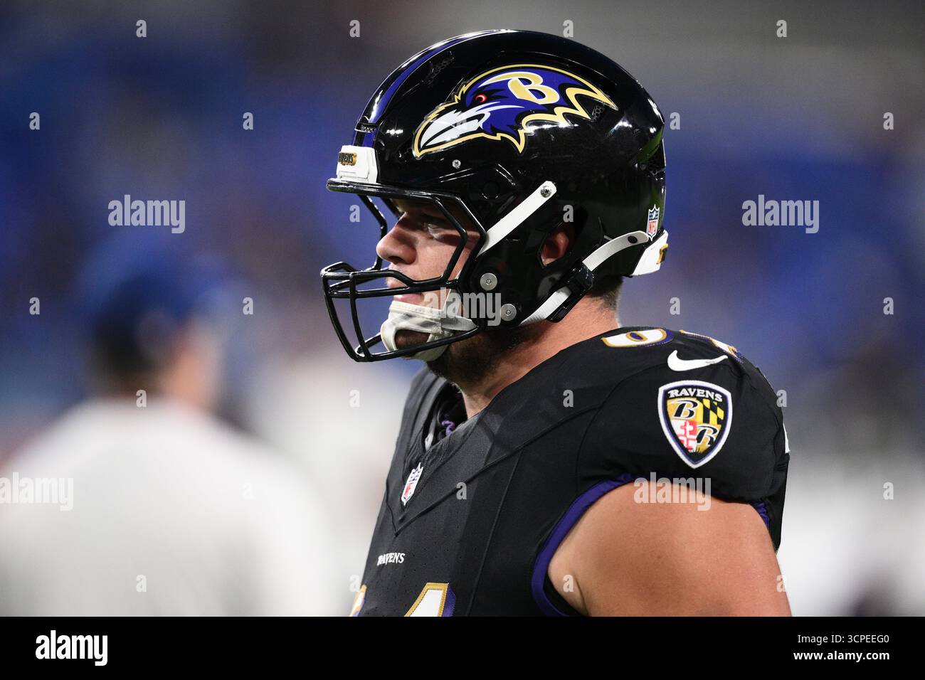 Baltimore Ravens center Tyler Linderbaum (64) warms up before an NFL ...