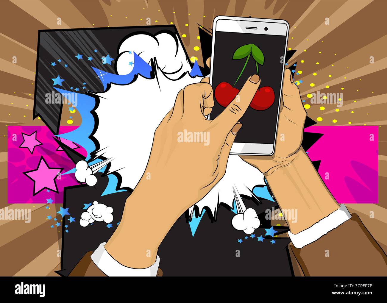 Cartoon Smartphone, comic book Telephone with Cherry. Retro vector ...