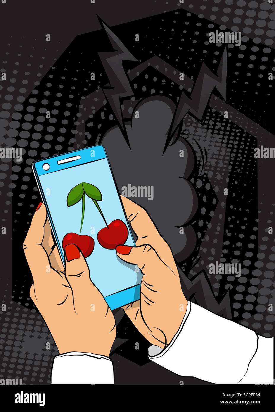 Cartoon Smartphone, comic book Telephone with Cherry. Retro vector ...