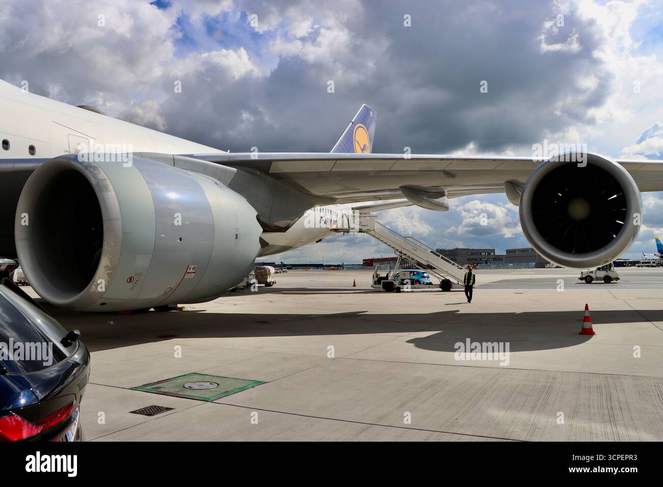 The engines of 747 800 jumbo jet at Frankfurt airport, Germany, Sept ...