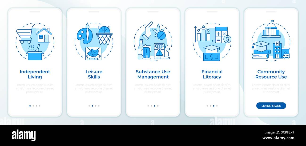 Life competencies blue onboarding mobile app screen Stock Vector