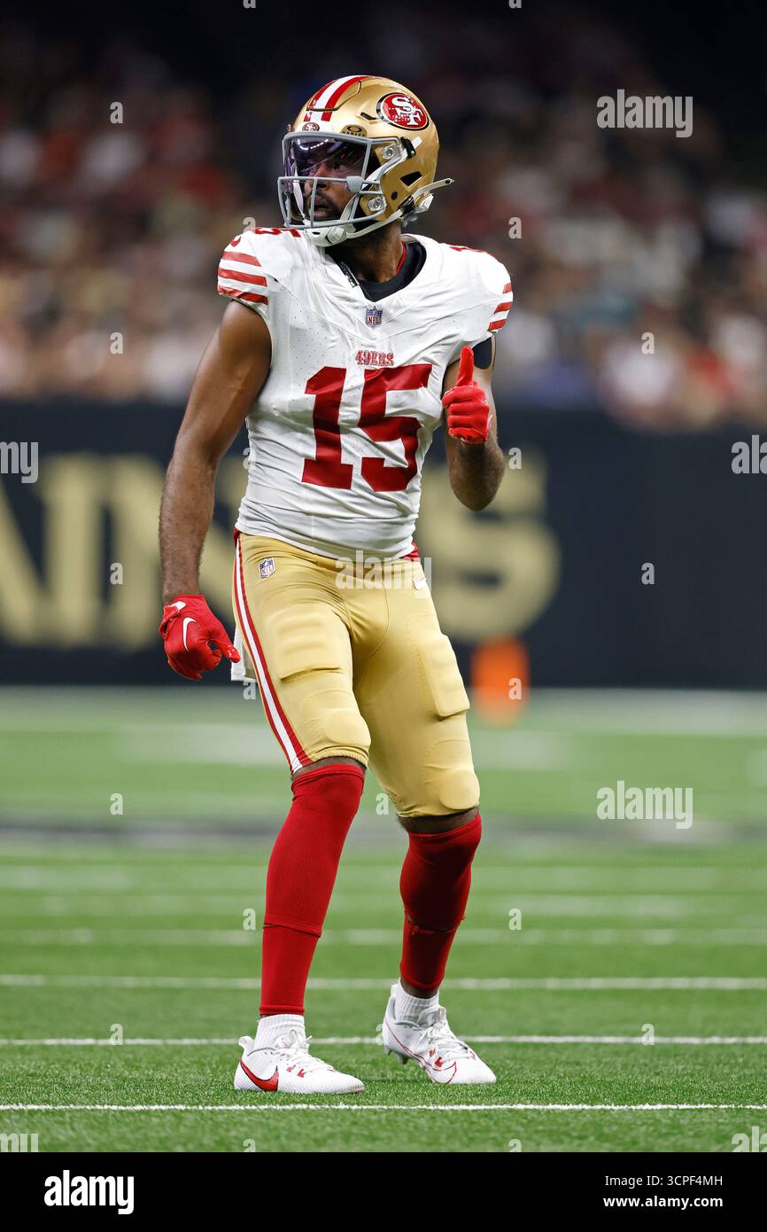San Francisco 49ers wide receiver Jauan Jennings (15) lines up during an NFL football game ...