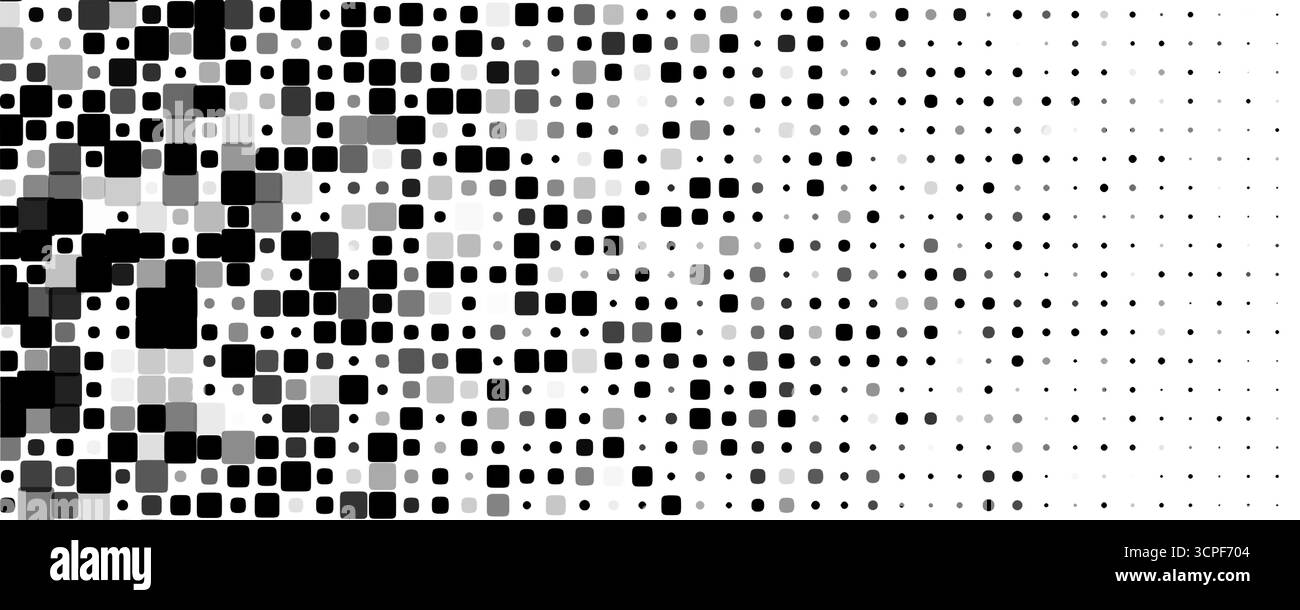 Halftone Mosaic Gradient Background, Black And Gray Rounded Squares And Dots On White, Abstract Seamless Fade Pattern For Modern Tech Design, Posters Stock Vector