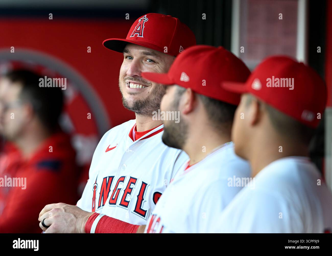 Los Angeles Angels outfielder Mike Trout smiles before a baseball game ...
