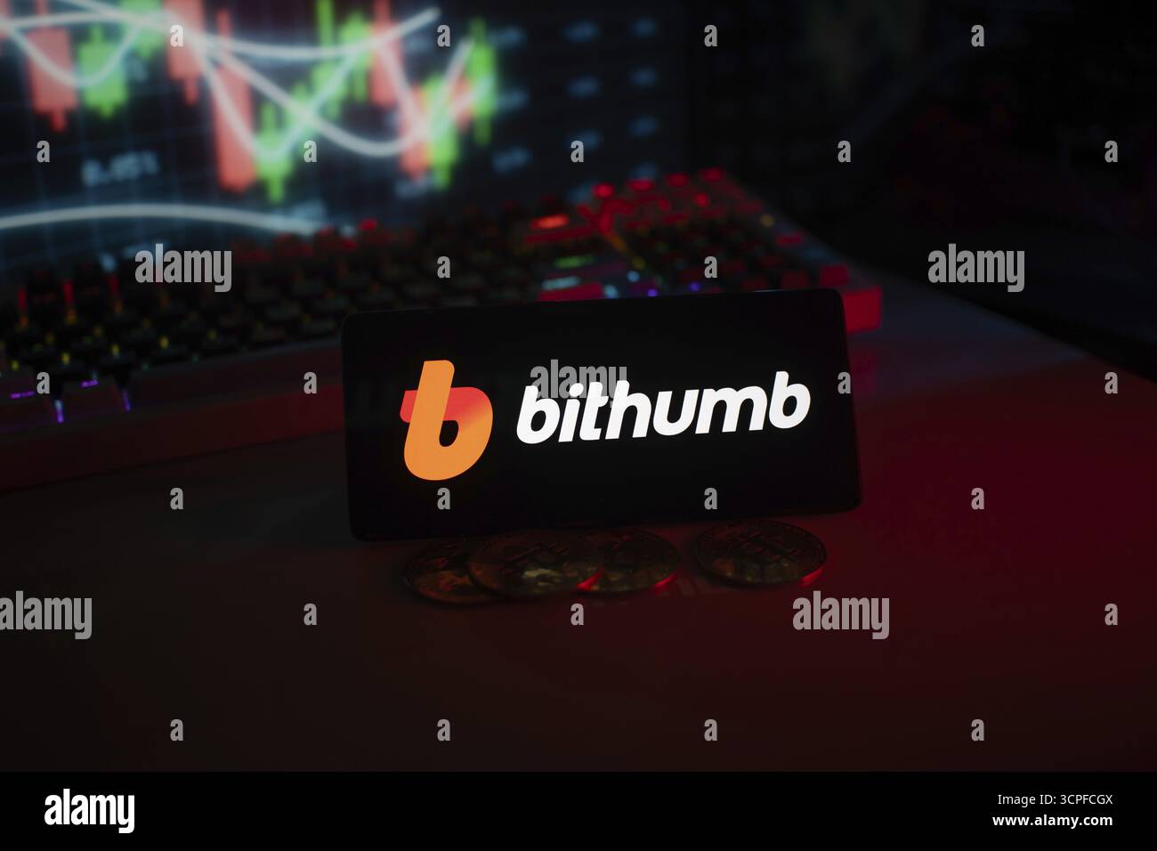 Bithumb logo with coins and trading charts, set in a red neon ...