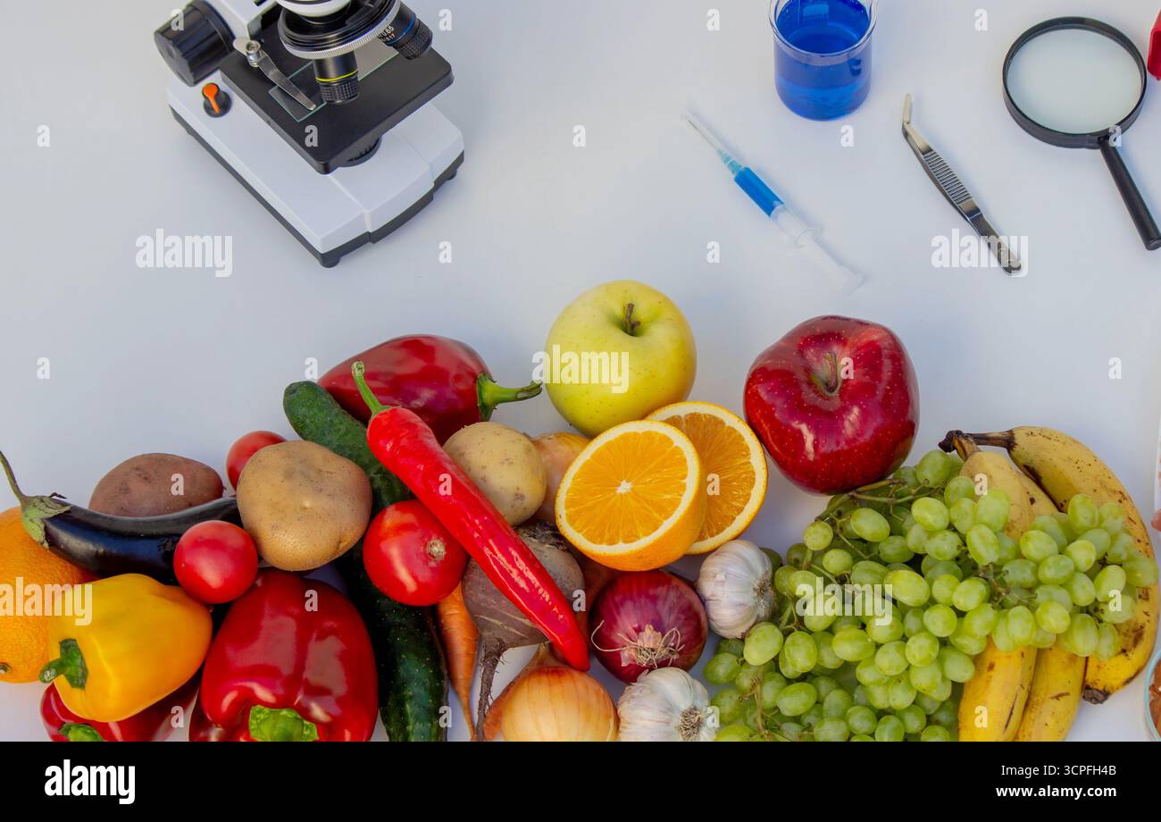 Food Quality Testing: Microscope and Fresh Fruits and Vegetables Stock ...