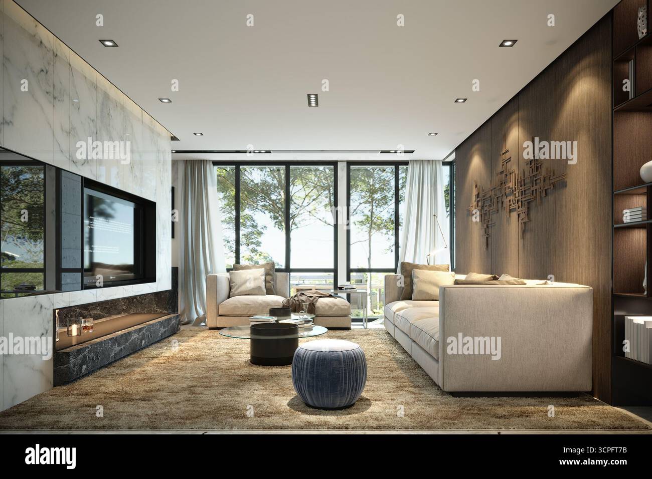 Luxury Modern Living Room with Floor-to-Ceiling Windows and Marble ...