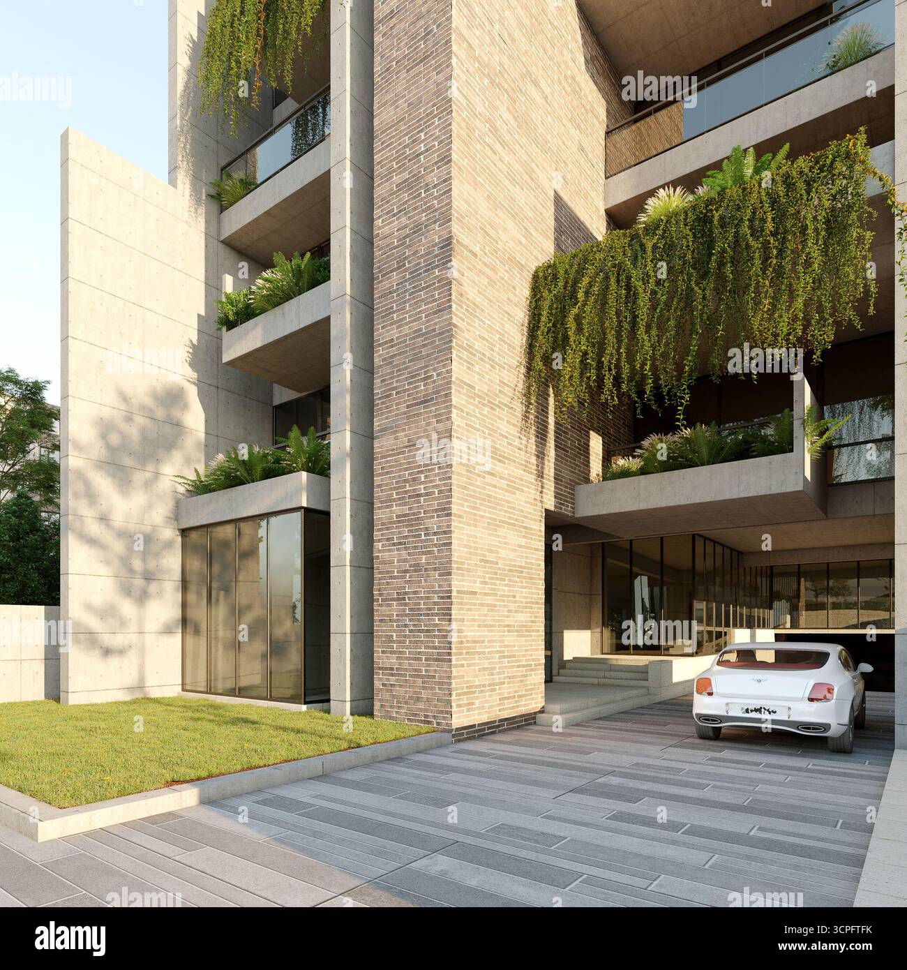 Modern Residential Building Exterior with Living Green Balconies, Brick ...