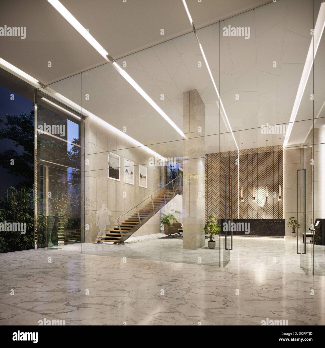 Luxurious Modern Building Lobby at Night with Grand Staircase, Glass ...