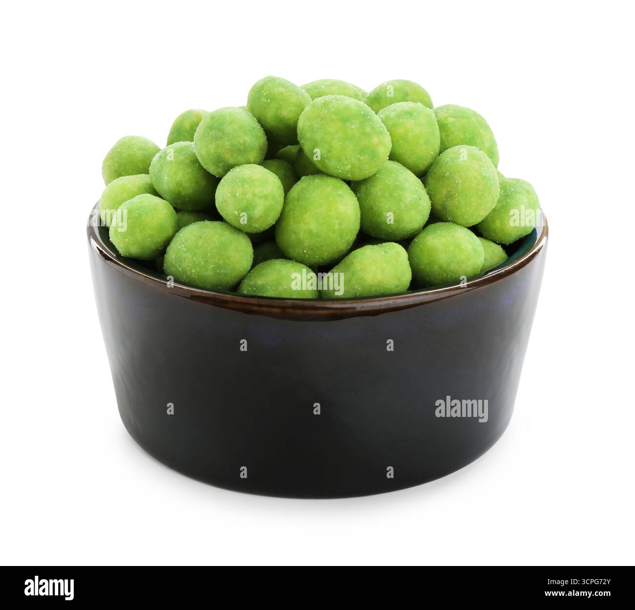 Delicious wasabi coated peanuts in bowl isolated on white Stock Photo