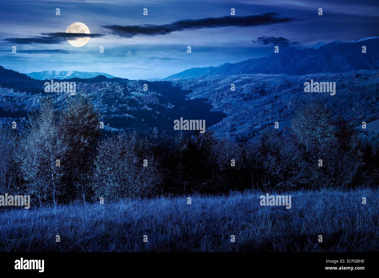 autumn mountain landscape at night. beautiful countryside in highlands with rural fields and colorful deciduous trees. rolling hills in full moon ligh Stock Photo