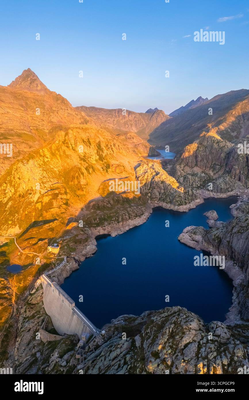 Aerial view of the Lago Nero during summer time at sunrise. Valgoglio, Val Seriana, Bergamo district, Lombardy, Italy, Southern Europe. Stock Photo