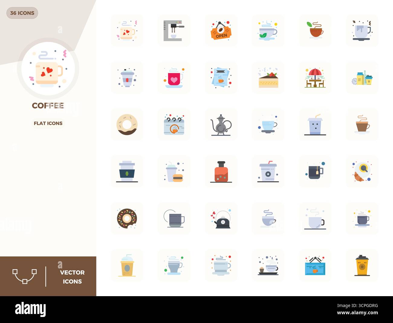 Refined bundle featuring 36 Flat vector icons for Coffee, optimized with 128x128 PIXEL perfect quality for elegant and functional design solutions. Stock Vector