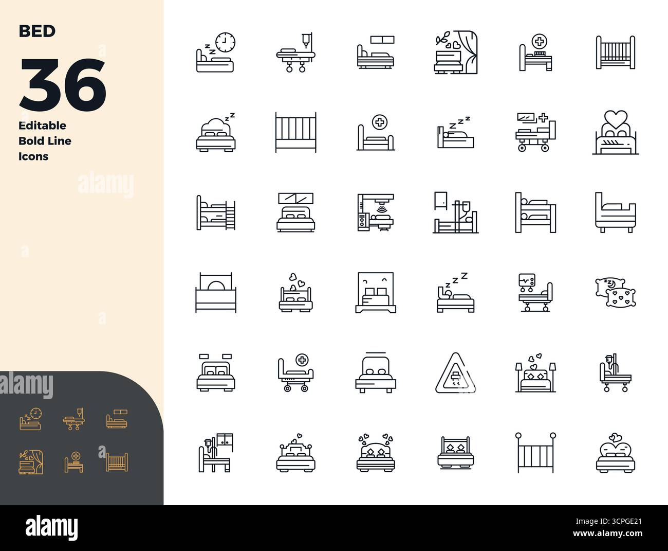 This Bed vector icon pack includes 36 Bold Line designs in 128x128 PIXEL perfect format, perfect for enhancing digital interfaces. Stock Vector