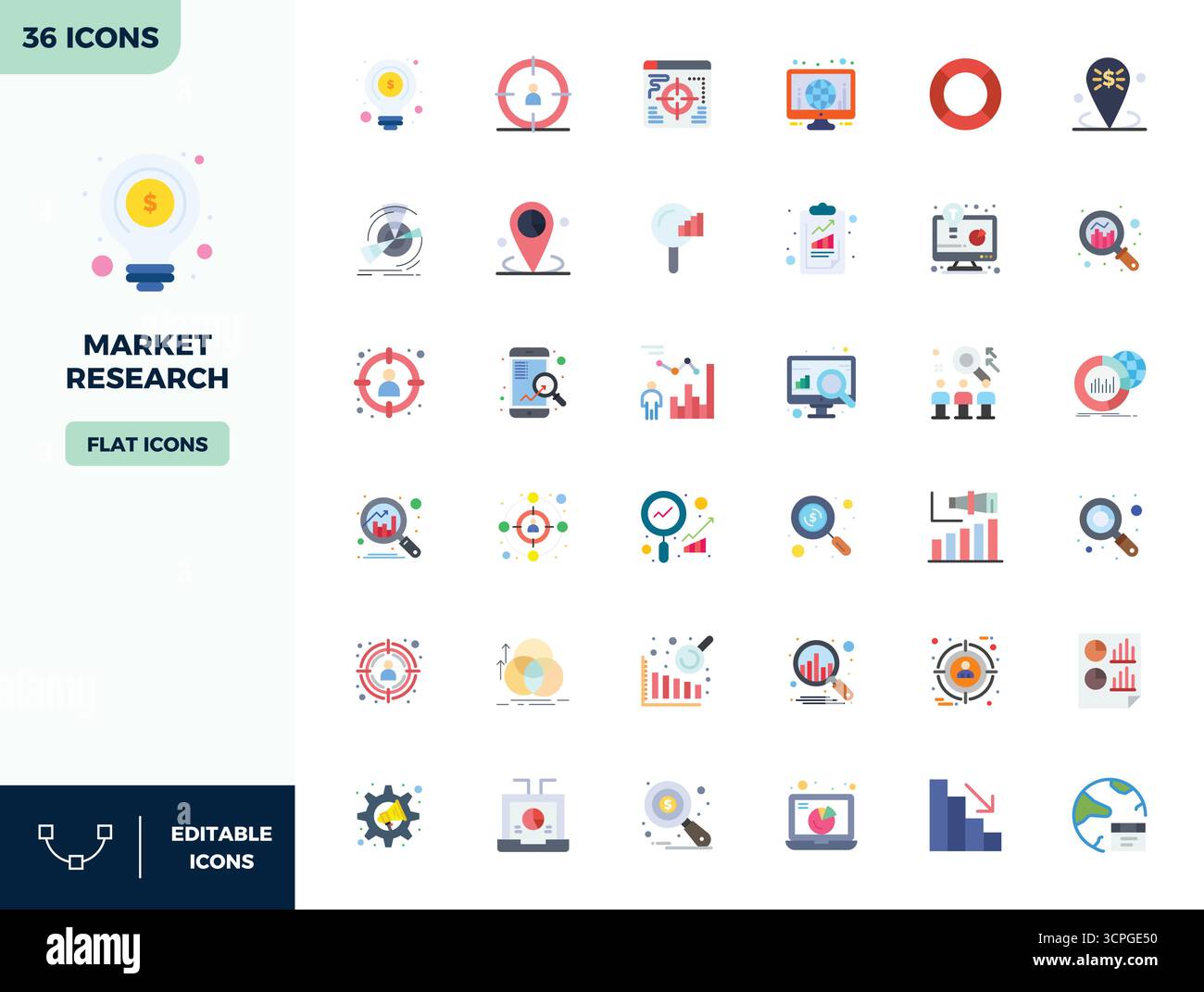 Carefully curated 36 Flat Color vector icons for Market Research, featuring 128x128 PIXEL perfect resolution for consistent brand representation and u Stock Vector