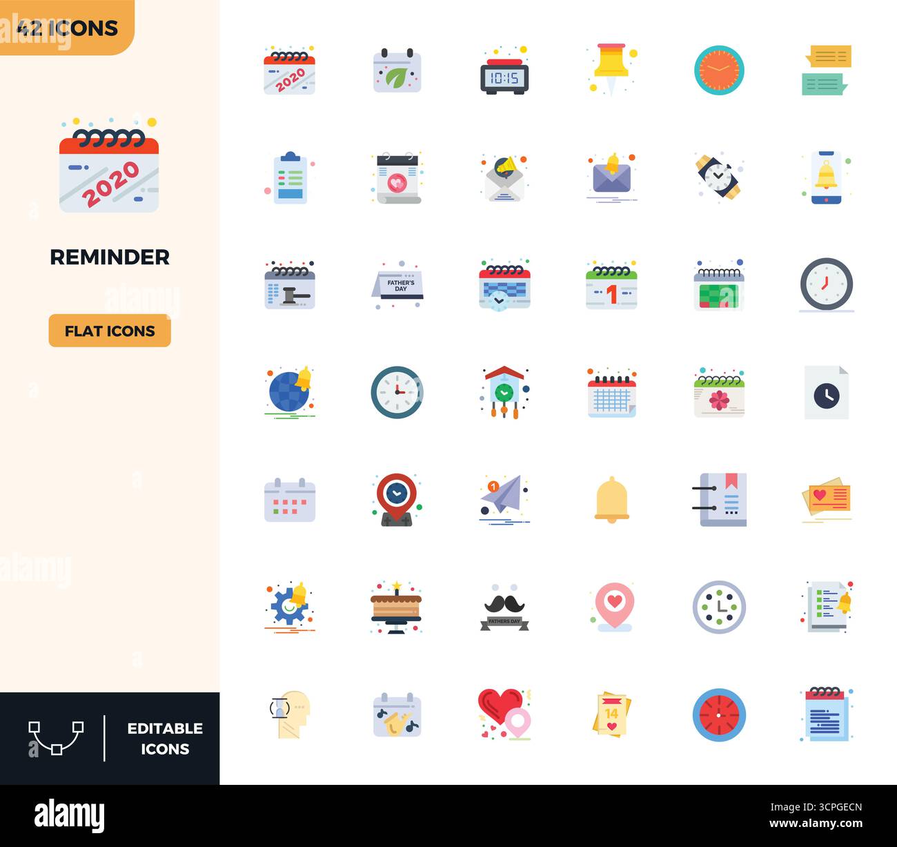 Strategic bundle featuring 42 vector icons representing Reminder in Flat Color format, optimized with 128x128 PIXEL perfect quality for professional w Stock Vector