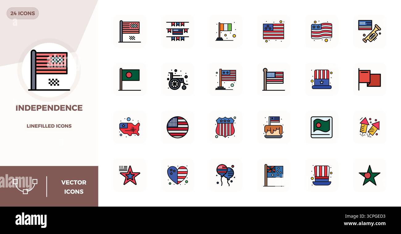 Curated pack of 24 128x128 vector icons in LineFilled design, centered around Independence concepts with PIXEL perfect clarity. Stock Vector